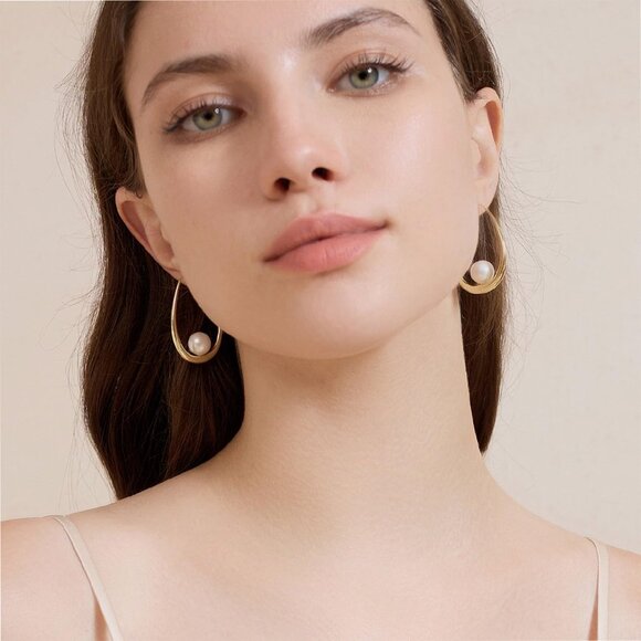 ✨Funfmm Women Gold Plated Lightweight Pearl Trendy Teardrop Hoop Earring Jewelry - Picture 2 of 7